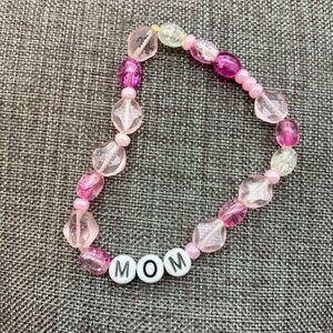 MOM Beaded Stretch Bracelet 6 In Pink Clear Handmade White Black Mothers Day